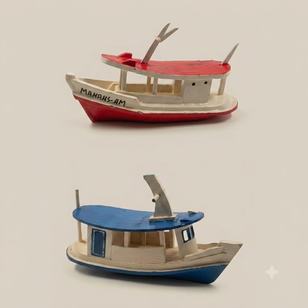 Vintage Hand Painted Wooden Boat Figurines Manaus-AM Nautical Decor Set of 2